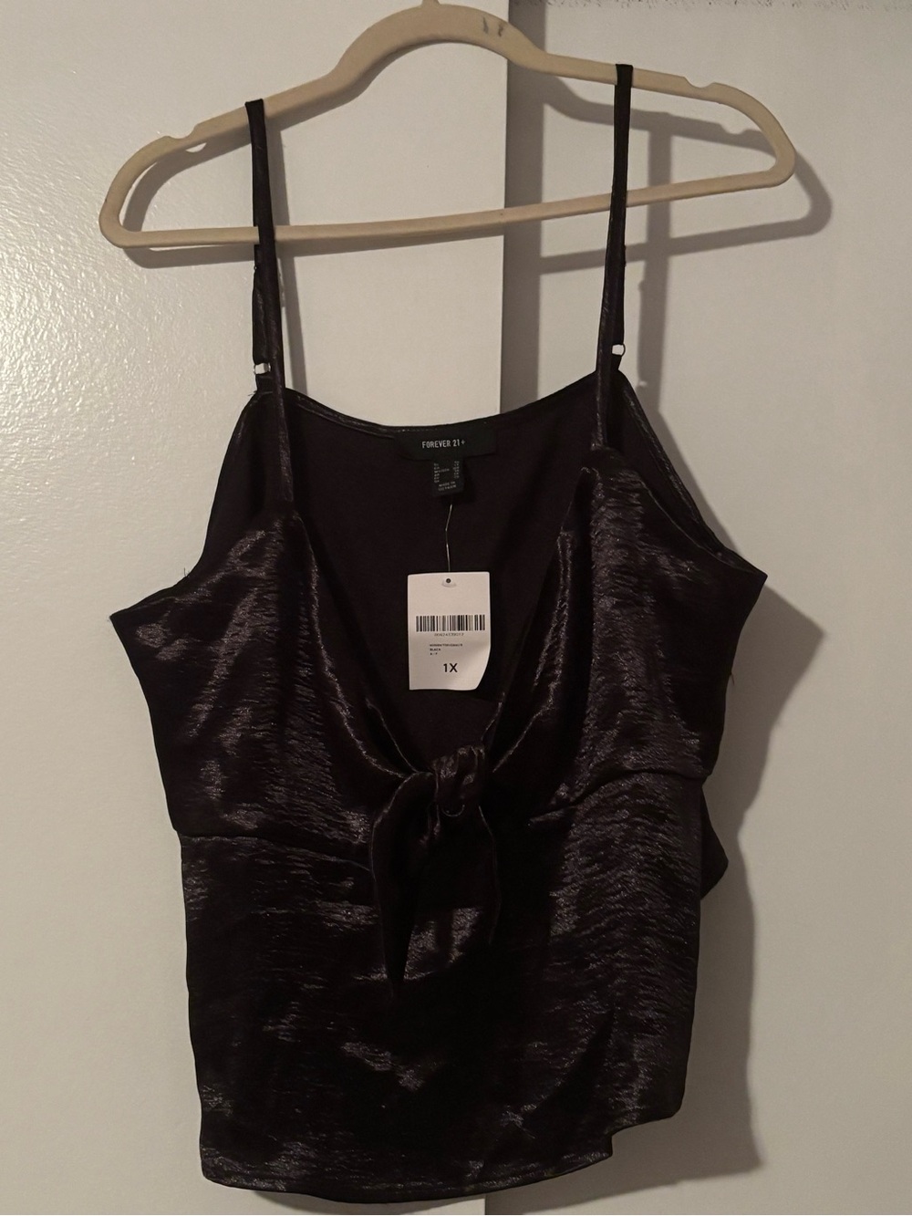 NWT Forever 21 Black Satin Tie-Front Cami Top 1x
